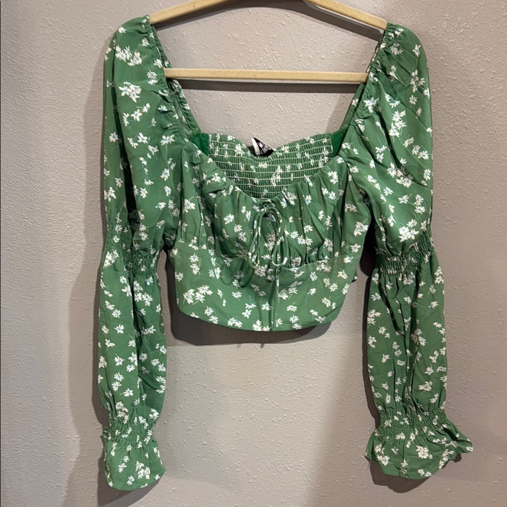 Princess Polly Green and White Puff Sleeve Crop Blouse